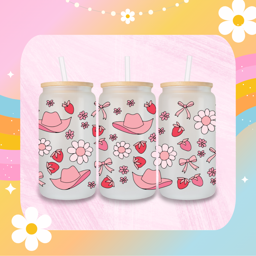 Strawberry, flowers and cowboy hat Libby glass