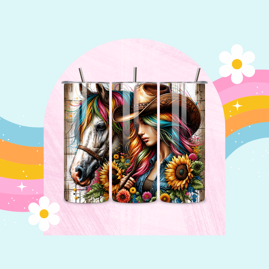 Cowgirl and horse drinks tumbler