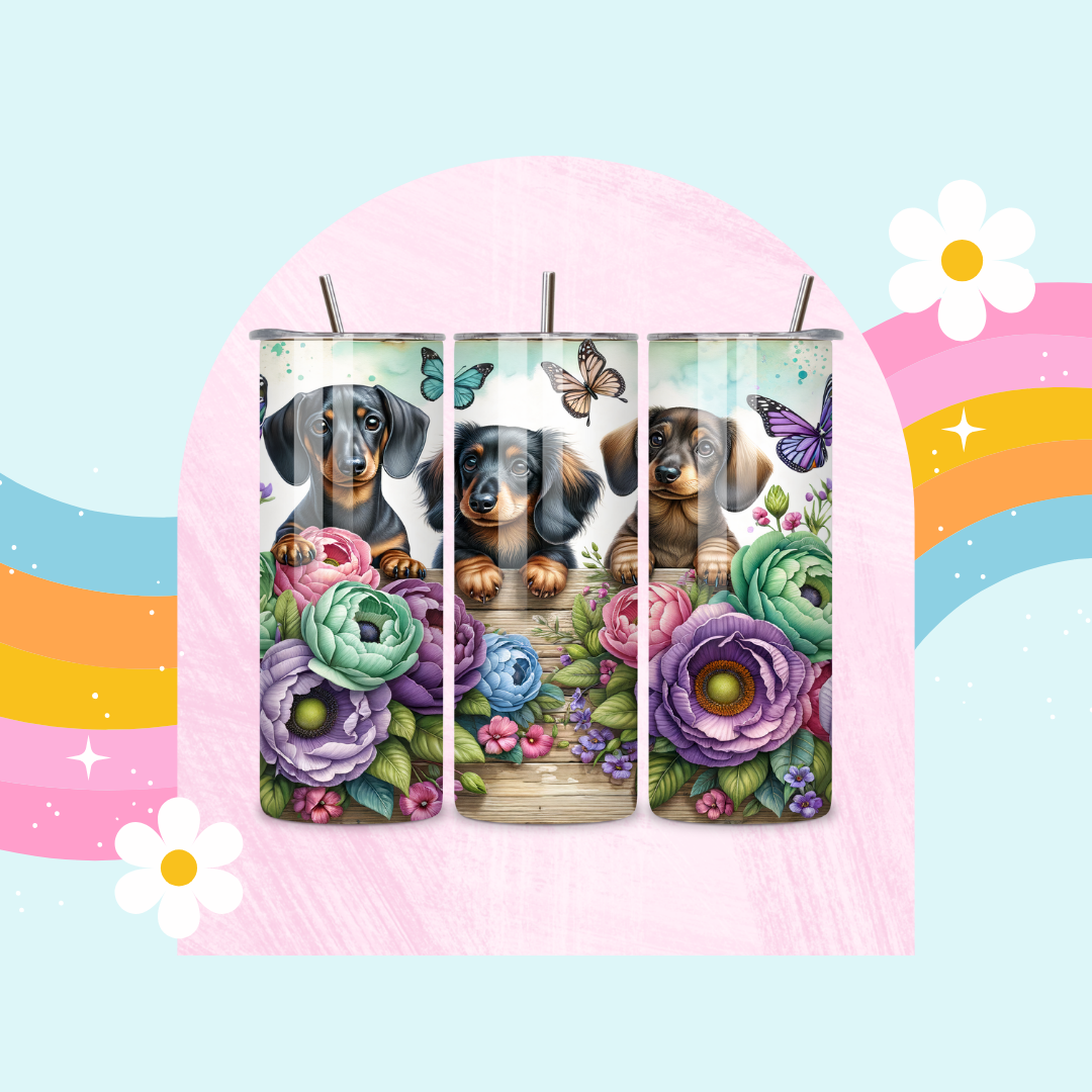 Trio dachshunds drinks tumbler
