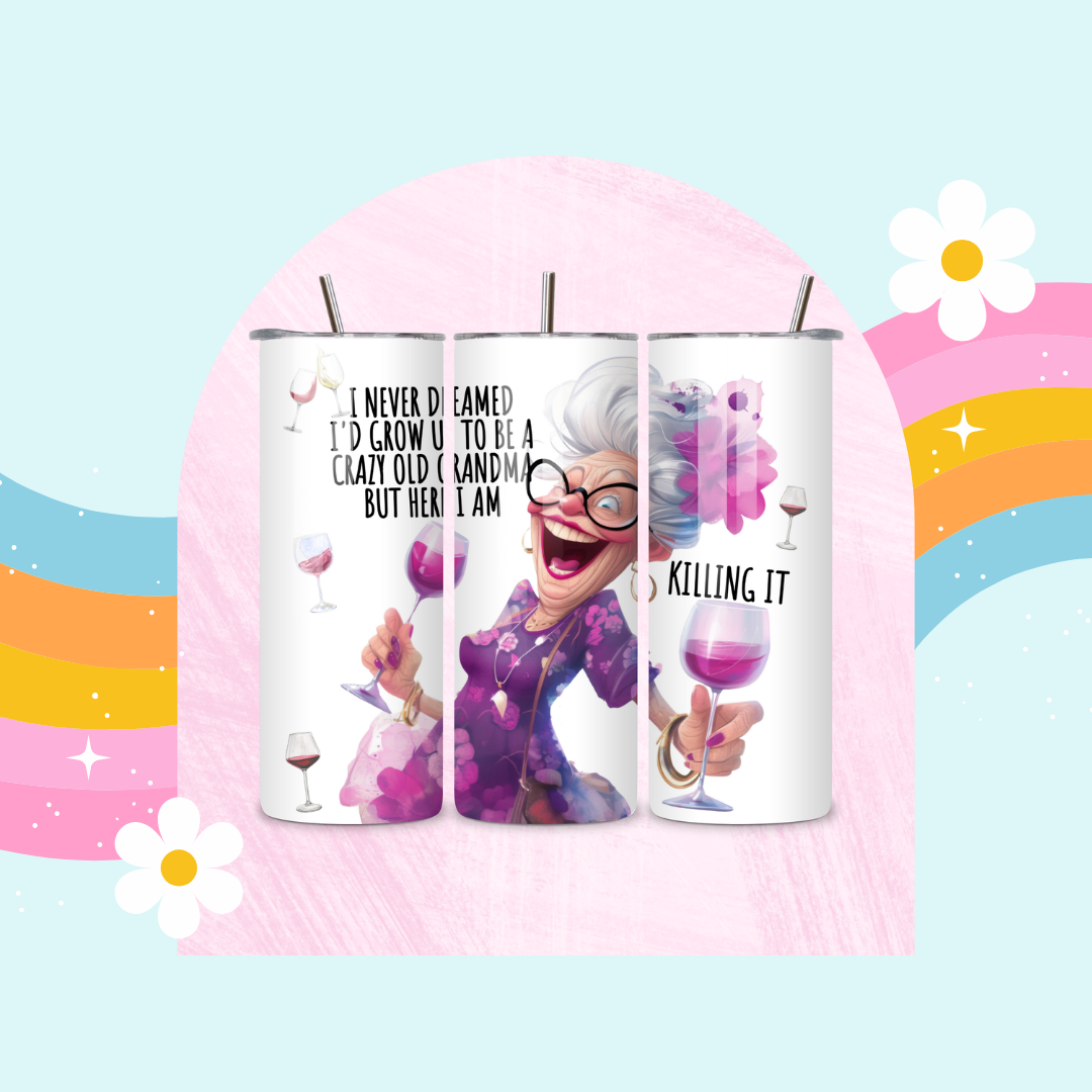Crazy old grandma drinks tumbler