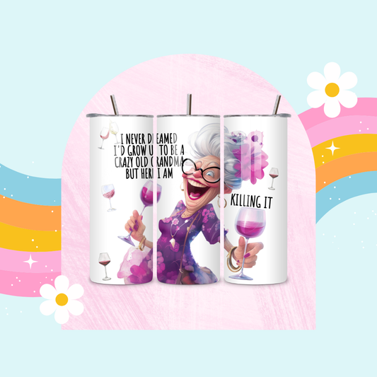 Crazy old grandma drinks tumbler