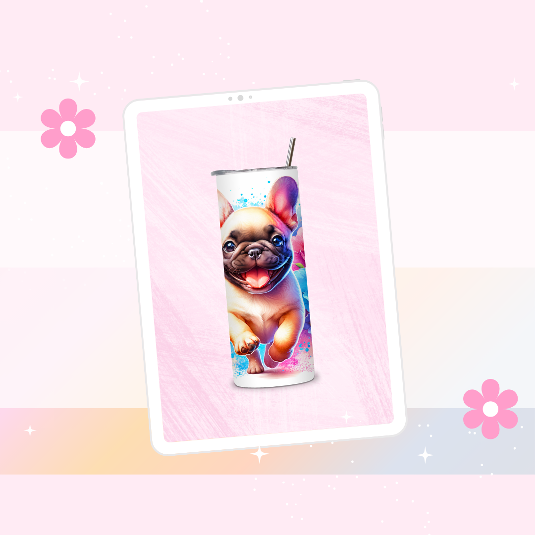 French bulldog drinks tumbler