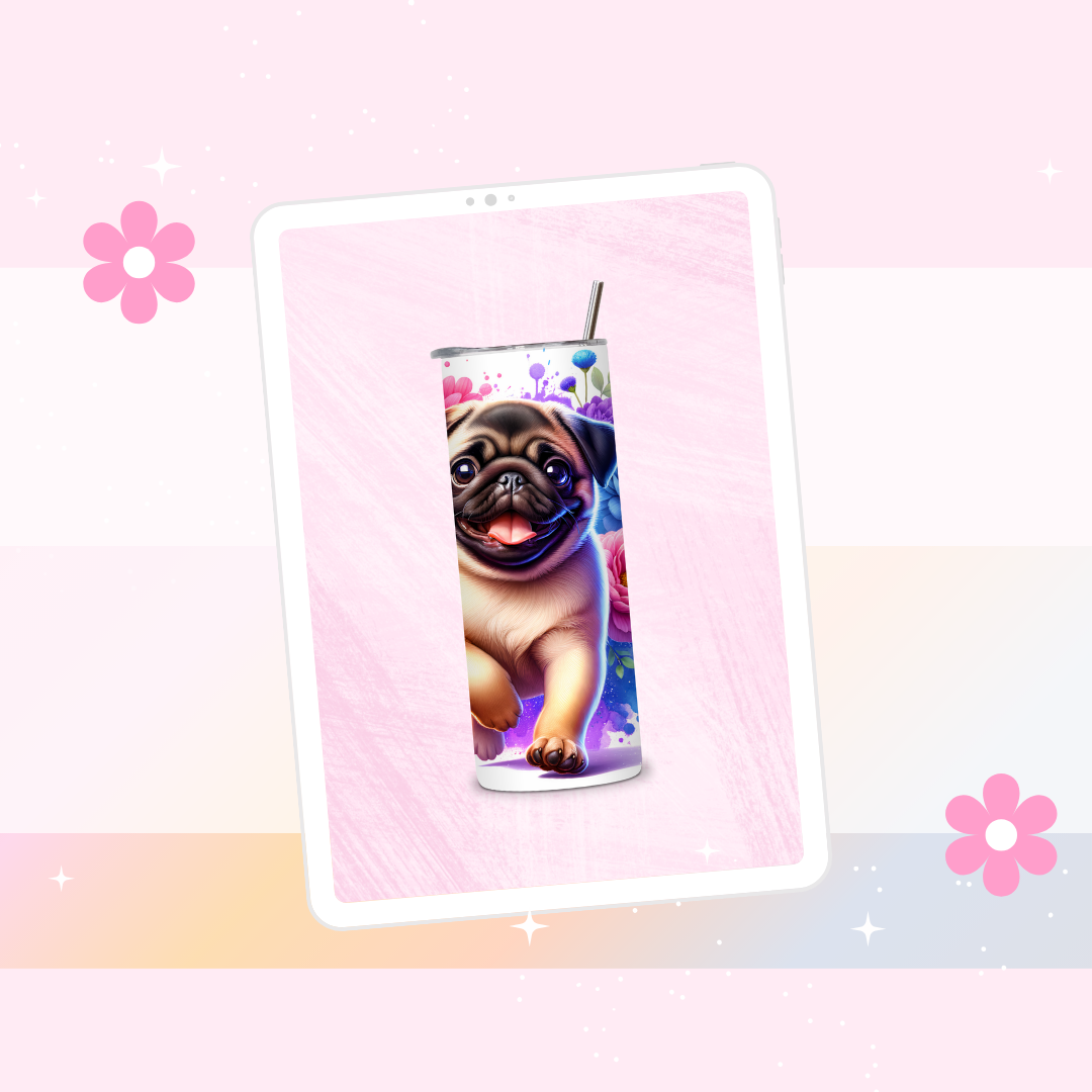 Pug drinks tumbler