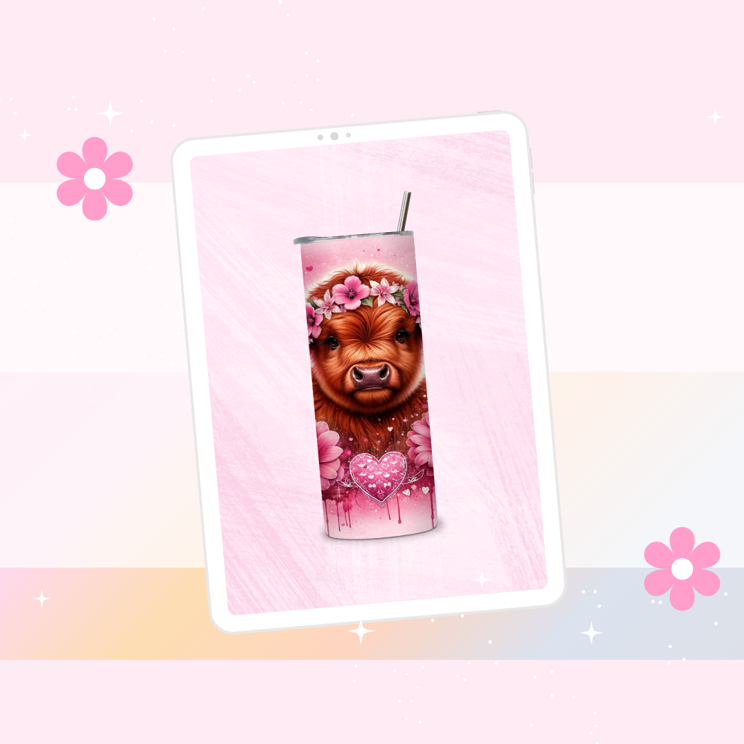 Pink Highland cow drinks tumbler