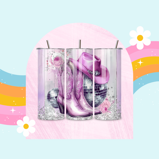 Pink boots and glitter ball drinks tumbler