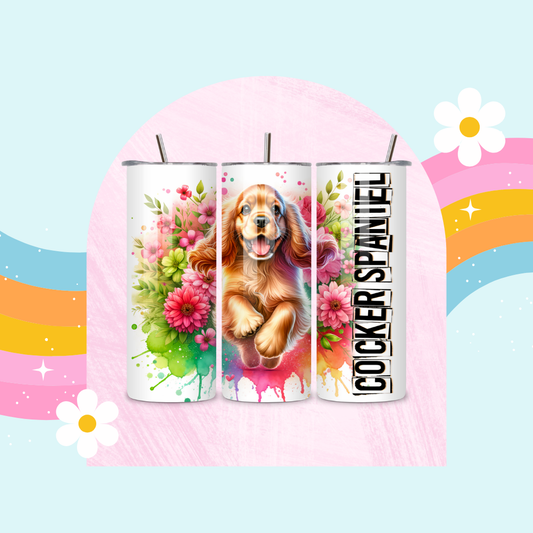 Cocker Spaniel drinks tumbler