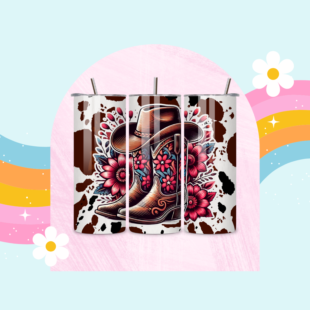 Cowprint boots and hat drinks tumbler