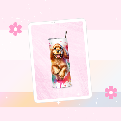 Cocker Spaniel drinks tumbler