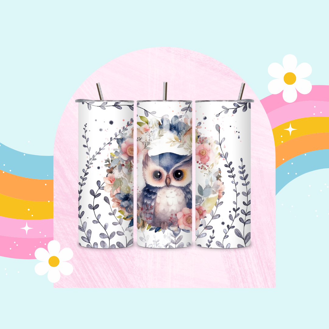 Owl drinks tumbler
