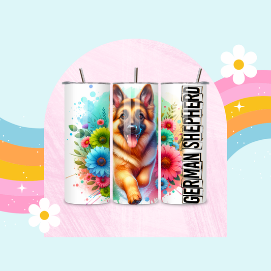German Shepherd drinks tumbler