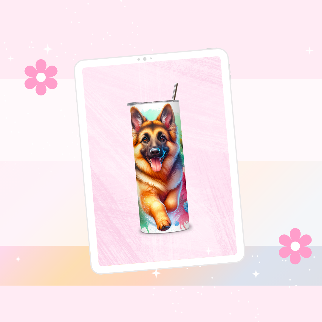 German Shepherd drinks tumbler