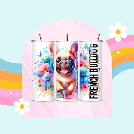 French bulldog drinks tumbler