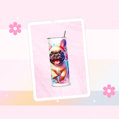 French bulldog drinks tumbler