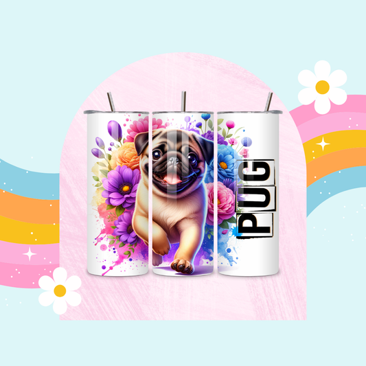 Pug drinks tumbler